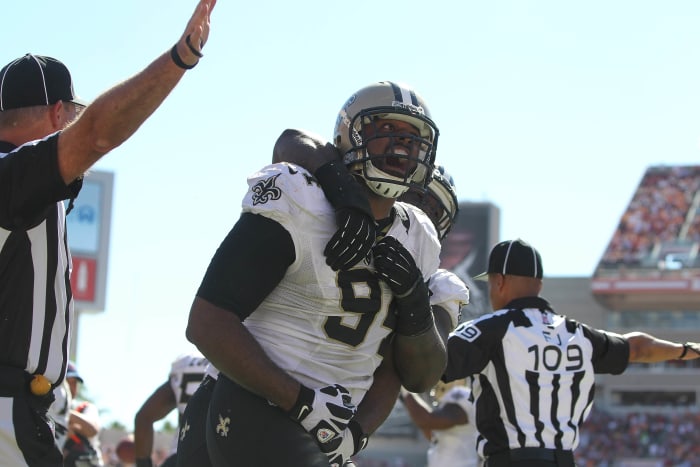 New Orleans Saints defensive end Cameron Jordan (94) reacts after he stopped the Tampa Bay Buccaneers on fourth down and goal during the second half at Raymond James Stadium. New Orleans Saints defeated the Tampa Bay Buccaneers 35-28. Mandatory Credit: Kim Klement-USA TODAY Sports